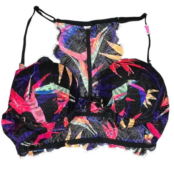 VS PINK Push Up Bra 34B Black Lace Tropical Halter Racerback Front Closure NEW - Picture 2 of 9